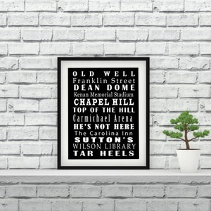 Op de afbeelding: Zwart-wit typografisch drukwerk met de woorden "Old Well", "Franklin Street", "Dean Dome", "Chapel Hill", "Top of the Hill", "Carmichael Arena", "He's Not Here", "The Carolina Inn", "Sutton's", "Wilson Library" en "Tar Heels".