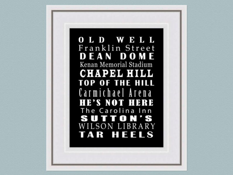 Op de afbeelding: Zwart-wit typografisch drukwerk met de tekst "Old Well", "Franklin Street", "Dean Dome", "Kenan Memorial Stadium", "Chapel Hill", "Top of the Hill", "Carmichael Arena", "He's Not Here", "The Carolina Inn", "Sutton's", "Wilson Library" en "Tar Heels".
