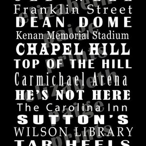 Op de afbeelding: Zwart-witte tekstafbeelding met de woorden "OLD WELL", "Franklin Street", "DEAN DOME", "Kenan Memorial Stadium", "CHAPEL HILL", "TOP OF THE HILL", "Carmichael Arena", "HE'S NOT HERE", "The Carolina Inn", "SUTTON'S", "WILSON LIBRARY" en "TAR HEELS".