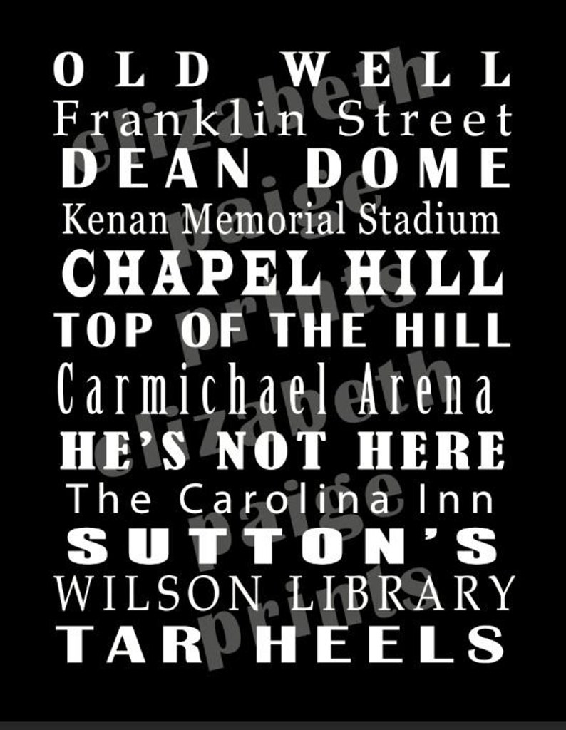 Op de afbeelding: Zwart-witte tekstafbeelding met de woorden "OLD WELL", "Franklin Street", "DEAN DOME", "Kenan Memorial Stadium", "CHAPEL HILL", "TOP OF THE HILL", "Carmichael Arena", "HE'S NOT HERE", "The Carolina Inn", "SUTTON'S", "WILSON LIBRARY" en "TAR HEELS".