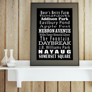 May include: Black and white typography print with the text "Rose's Berry Farm", "Tomahawks", "Addison Park", "Eastbury Pond", "Apple Fest", "Hebron Avenue", "Welles Turner Memorial Library", "The Fountain", "Daybreak", "J.B. Williams Park", "Nayaug", and "Somerset Square".