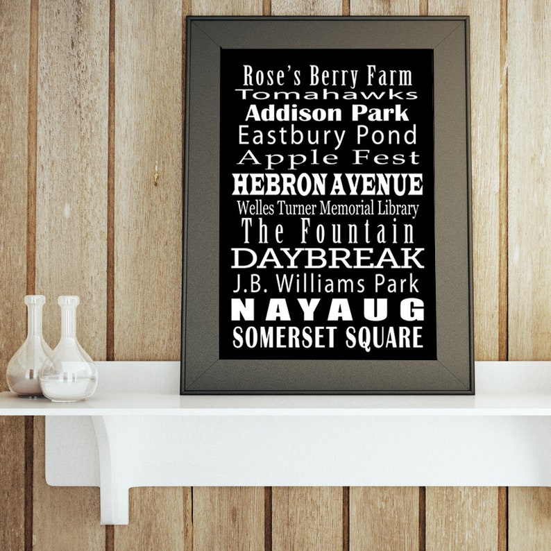 May include: Black and white typography print with the text "Rose's Berry Farm", "Tomahawks", "Addison Park", "Eastbury Pond", "Apple Fest", "Hebron Avenue", "Welles Turner Memorial Library", "The Fountain", "Daybreak", "J.B. Williams Park", "Nayaug", and "Somerset Square".
