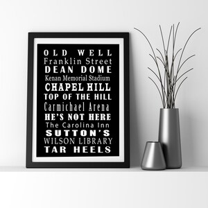 Op de afbeelding: Zwart-wit typografisch drukwerk met de tekst "OLD WELL", "Franklin Street", "DEAN DOME", "Kenan Memorial Stadium", "CHAPEL HILL", "TOP OF THE HILL", "Carmichael Arena", "HE'S NOT HERE", "The Carolina Inn", "SUTTON'S", "WILSON LIBRARY" en "TAR HEELS".