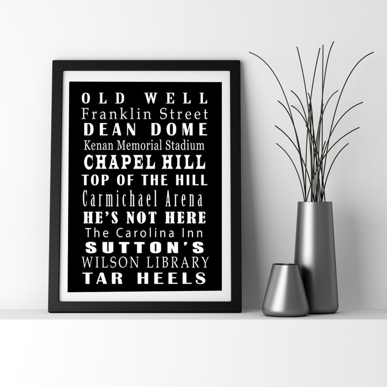 Op de afbeelding: Zwart-wit typografisch drukwerk met de tekst "OLD WELL", "Franklin Street", "DEAN DOME", "Kenan Memorial Stadium", "CHAPEL HILL", "TOP OF THE HILL", "Carmichael Arena", "HE'S NOT HERE", "The Carolina Inn", "SUTTON'S", "WILSON LIBRARY" en "TAR HEELS".