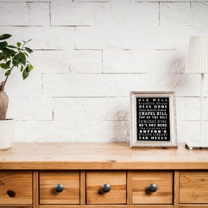 Op de afbeelding: Een ingelijst zwart-witdruk met de tekst "OLD WELL Franklin Street DEAN DOME Kenan Memorial Stadium CHAPEL HILL TOP OF THE HILL Carmichael Arena HE'S NOT HERE The Carolina Inn SUTTON'S WILSON LIBRARY TAR HEELS" op een houten plank met een plant in een pot en een lamp.