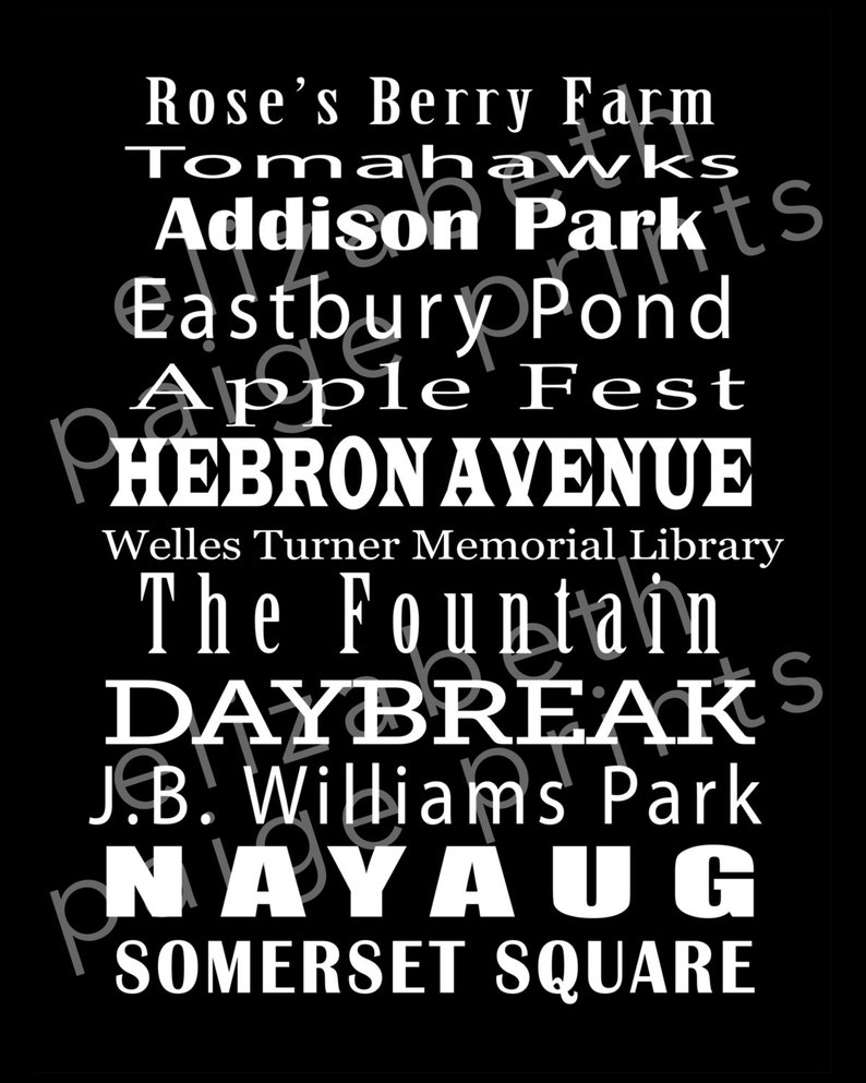 May include: Black and white text graphic with the names of places and events, including Rose's Berry Farm, Tomahawks, Addison Park, Eastbury Pond, Apple Fest, Hebron Avenue, Welles Turner Memorial Library, The Fountain, Daybreaks, J.B. Williams Park, Naya Ug, and Somerset Square.