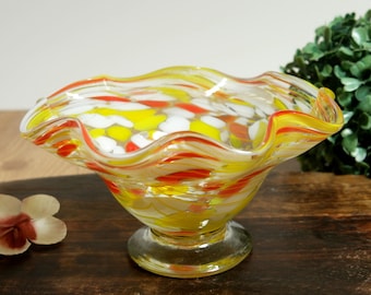 Striped Spatter Glass Candy Dish, Small based Bowl, Ruffled art glass bon bon dish, Footed glass dish, Small centerpiece, Blown glass