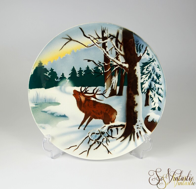 Rare Antique Villeroy Boch Saar Basin Wall Plate Stenciled Reindeer Winter Landscape Cabinet Plate Snow Lake Deer Charger Spritzdekor