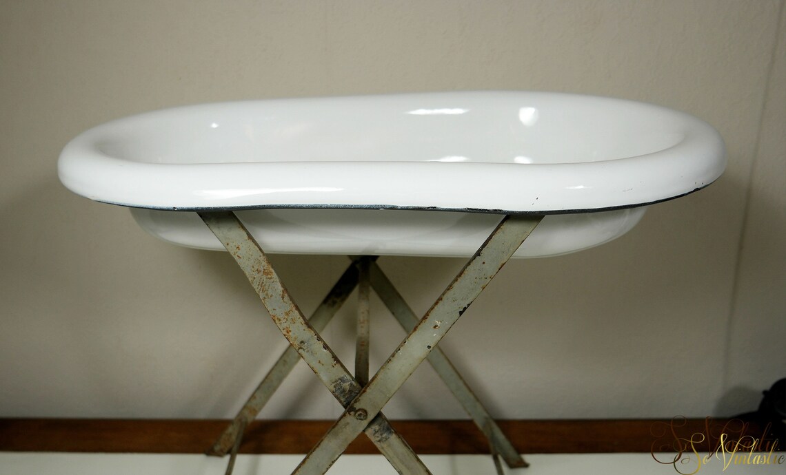 Antique Enamel Baby Bathtub on stand Large doll bath Metal