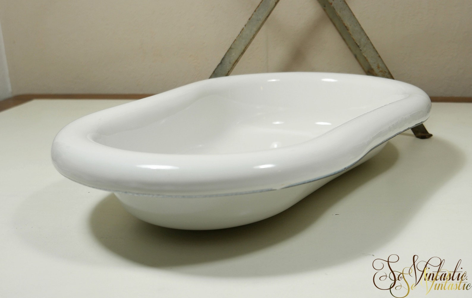 Antique Enamel Baby Bathtub on stand Large doll bath Metal
