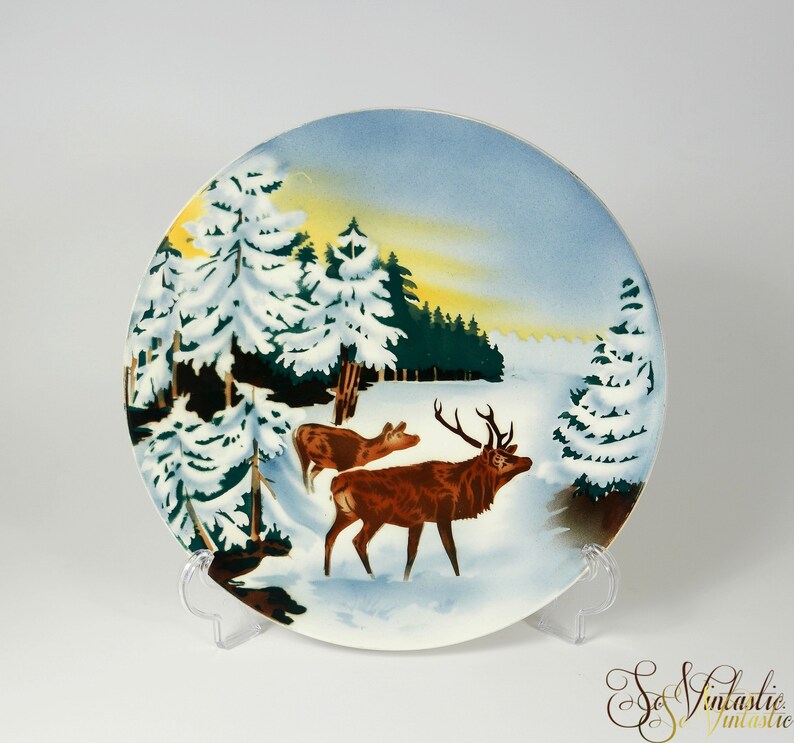 Rare Antique Villeroy Boch Saar Basin Wall Plate Stenciled Reindeer Winter Landscape Cabinet Plate Snow Forest Deer Charger Spritzdekor