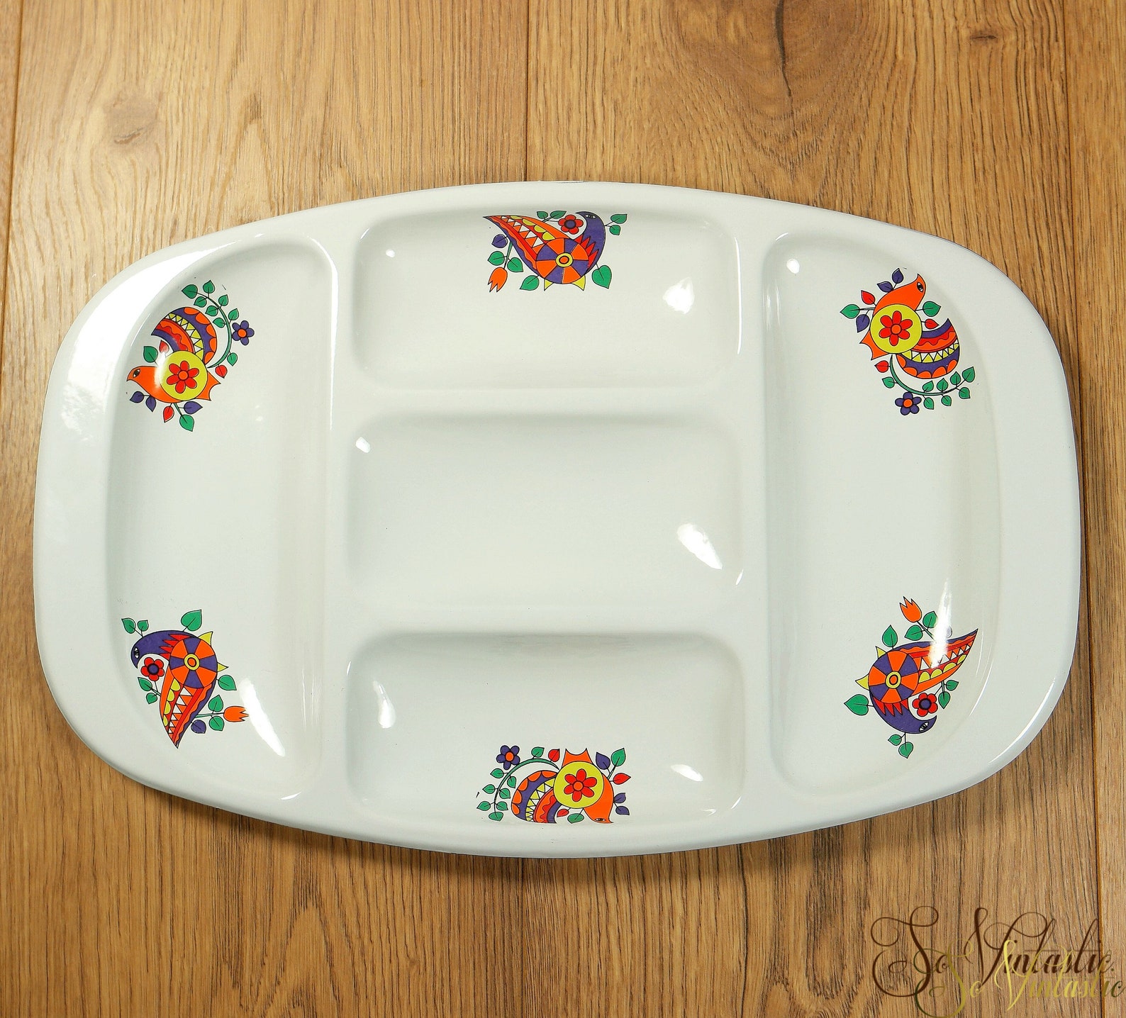 Retro White ENAMEL Divided Serving Platter Bird Pattern Boho Etsy UK