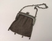 Chain Mail Mesh Chatelaine Purse, German Alpaca Coin Purse, Collectible Antique Art Nouveau Fashion Accessory, Silver Metal Change Pouch