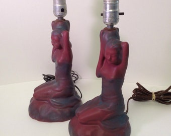 Van Briggle Pottery Lamps, Damsel of Damascus Lamps, American Art Pottery, Persian Rose, Table Accent Lighting, Semi Nude Woman Figural Lamp