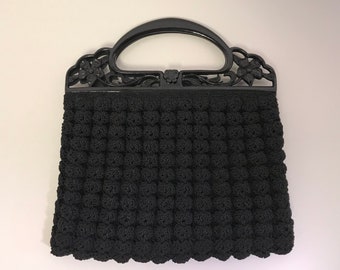 Textured Corde Black Evening Bag, Vintage Popcorn Stitch Crochet Purse, Petite Deco Flower Handle Handbag, 40s Collectible Fashion Accessory