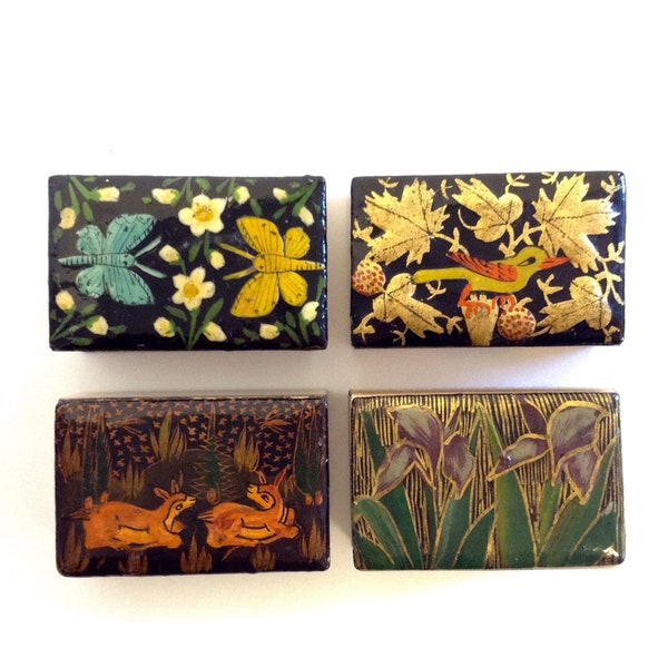 Lacquer Match Box Cover, Vintage Collectible Tobacciana, Hand Painted Nature Animal Design, Match Holder, Butterfly, Bird, Deer, Iris Flower