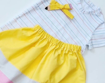 Kids 2 pc set back to school outfit/Preschool skirt, first day of school outfit top and skirt