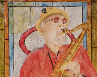 SAXAPHONE player,painting of musician,jazz music,colorful glass window, stained glass painting,old musician painting