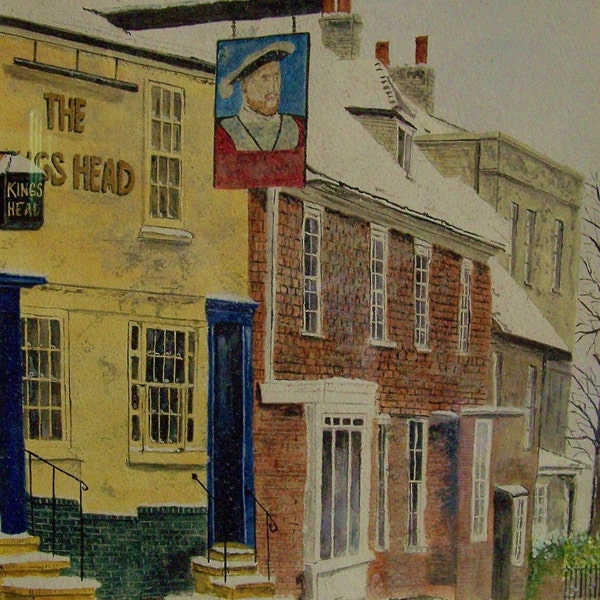 Kings Head Pub,old town scene,English pub painting,old inn painting;city scape,winter scene,landscape and scenic,pub scene,old town,