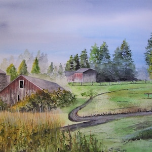 barn painting,painting of barn,farm painting,wooded scene,farm scene,weathered barns,farm landscape art,pine trees,landscape and scenic,