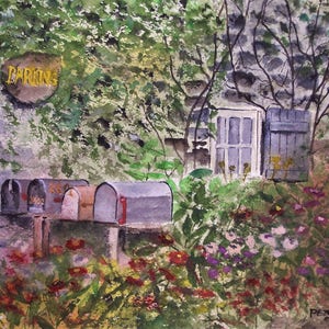 pittura ad acquerello, Phillips, pittura di mulino, locanda storica, pittura di cassetta postale, cassette postali, contea di Bucks, scena di campagna, Peter Kundra