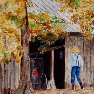Escena amish, pintura amish, &quot;Granja amish&quot;, pintura, paisaje, Peter Kundra, granjero amish, granero amish, escena amish, arte
