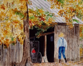 Aquarellgemälde einer Amish-Farm, Originalkunstwerk von Peter Kundra, 11x7