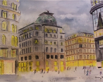 May include: Watercolor painting of a European city scene at dusk. Buildings with illuminated windows are depicted in shades of gray, yellow, and green. The artwork includes the artist's signature and date.