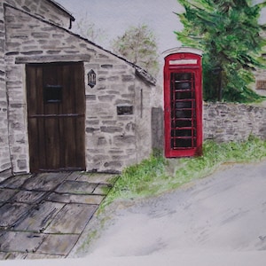 painting of english phone booth, scenic and landscape,&quot;RED BOOTH&quot;,english country,old phone booth,peter kundra