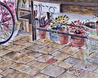 colorful flowers,potting bench,cut flowers,potted flowers,yellow flowers,purple flowers,red flowers,bike scene,wooden chair,stone floor