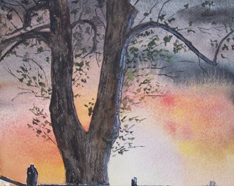 TREE painting, old oak tree painting,picturesque tree, colorful sky, autumn sky,peter kundra,