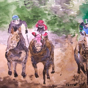 Race horse painting,winner by a nose,horses, racing horses