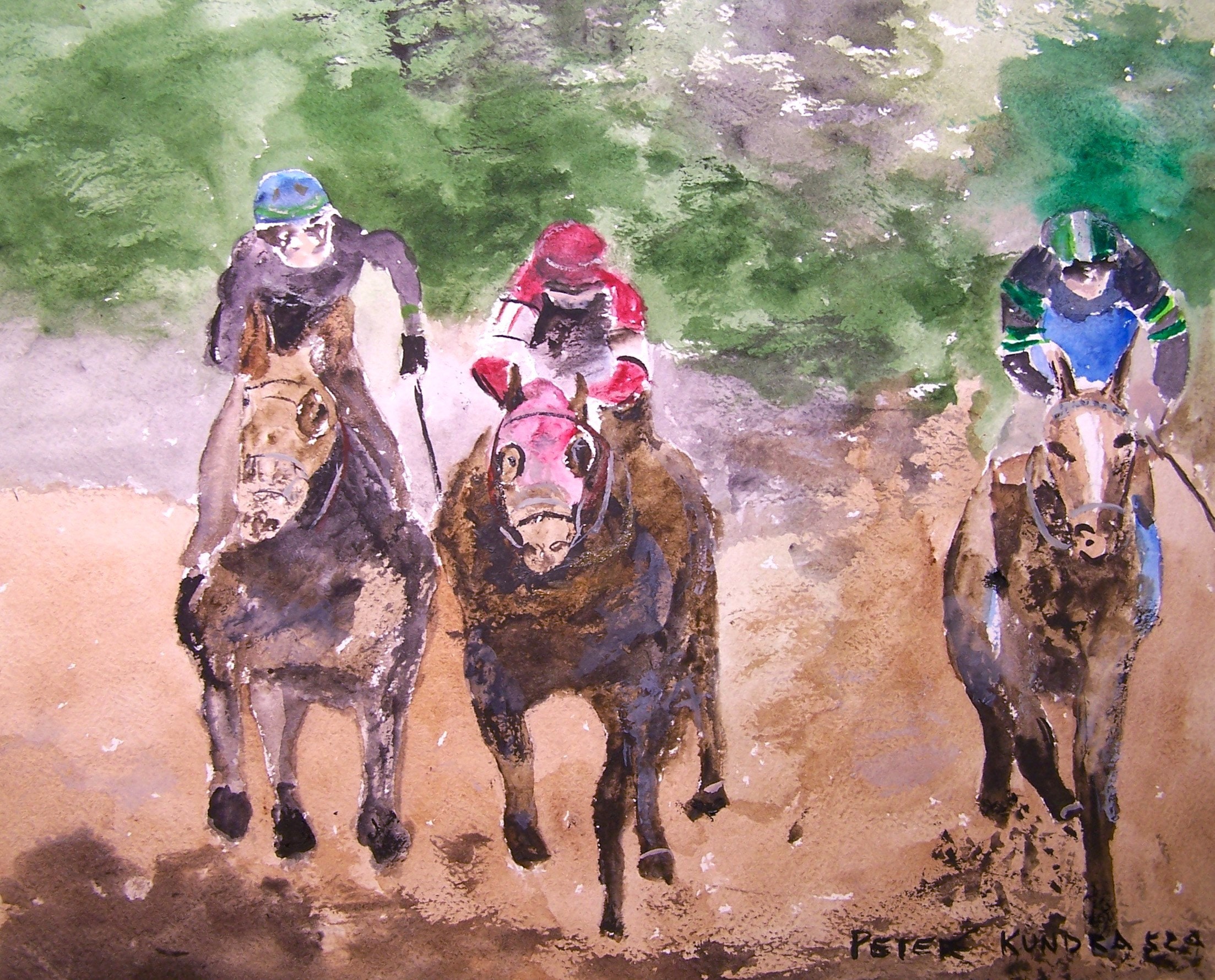 競馬の水彩画、「鼻差の勝利」ピーター・クンドラ作（12x10インチ
