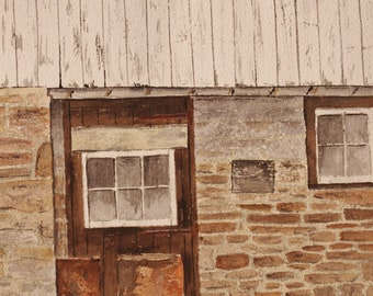 barnside scene,barn door painting,barn wall,stone barn wall,old stone barn,rusty barrels,old barrel painting,old farm,picturesque barn art