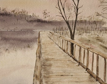 Original Watercolor Pond Painting: Dock Landscape Art,PEACEFUL POND,artist peter kundra