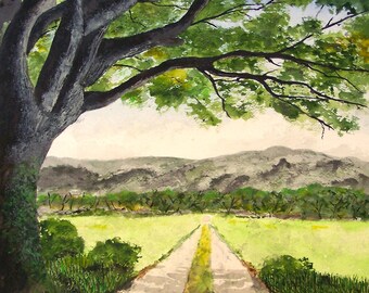 majestic tree painting,tree landscape scene,distant mountains, dirt road scene,peter kundra