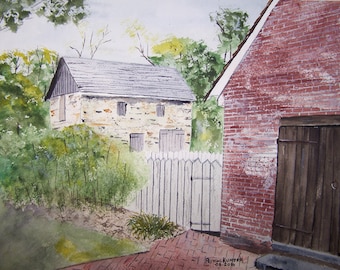 HISTORIC painting of Odessa,"ODESSA" DE painting, historic village,original watercolor painting, stone barn painting, delaware art