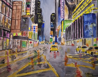 US  Dept  of State  award,cityscape painting,"RAINY Times SQUARE",times square night scene,rainy city,colorful lights,bright lights,city