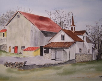 OLD BARN PAINTING,weathered barn painting,white barn,wooden barn,barn cappola