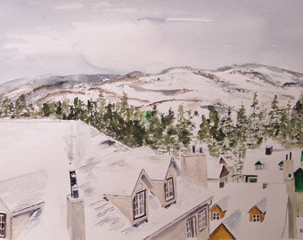 UNE IMPRESSION « TOITS », peinture de village, scène d'hiver, village enneigé, village à flanc de montagne, montagnes, collines lointaines, art, paysage urbain,