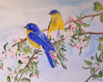 painting of bluebirds,bluebirds in tree,blue and yellow bird,artist peter kundra