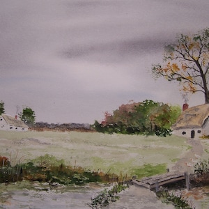 country cottage,country scene,woodlands,countryside,bridgelandscape scene,artist peter kundra