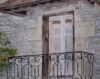 scenic balcony painting,wrought iron balcony,old townscape scene,city scape, scenic views,stone house.TOWN VIEW