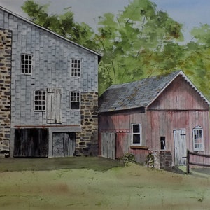 painting of old mill.clymers mill,historic mill,landscape and scenic,bucks county mill,grain mill,old grain mill,grain grinding,peter kundra