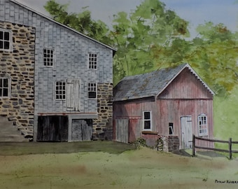 painting of old mill.clymers mill,historic mill,landscape and scenic,bucks county mill,old grain mill,artist peter kundra