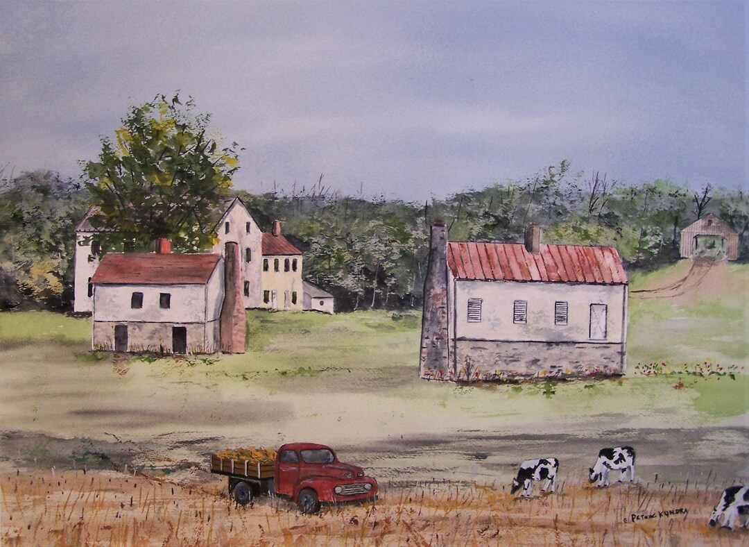 Original Watercolor Painting, Farm With Red Truck and Cows, Farm Scene ...