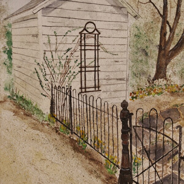 painting of canal,iron fence scene,old shed scene,lambterville nj,canal landscape,canal path,canal walk,canal landscape,lambertville