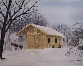 DEVONS PRIDE, show horse painting,horse barn,rosement NJ,winter horse scene, snowy horse scene, horse farm scene,brown horse painting