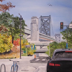 painting of city bridge,ben franklin bridge,philadelphia PA,steel bridge,picturesque bridge,cityscape bridge