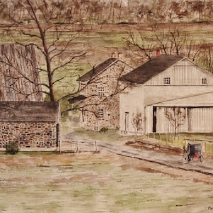 Escena de granja amish, pintura amish, caballo y carruaje, granja amish, país amish, pueblo amish, escena de granja